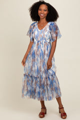 White Leaf Print Mesh Smocked Midi Dress