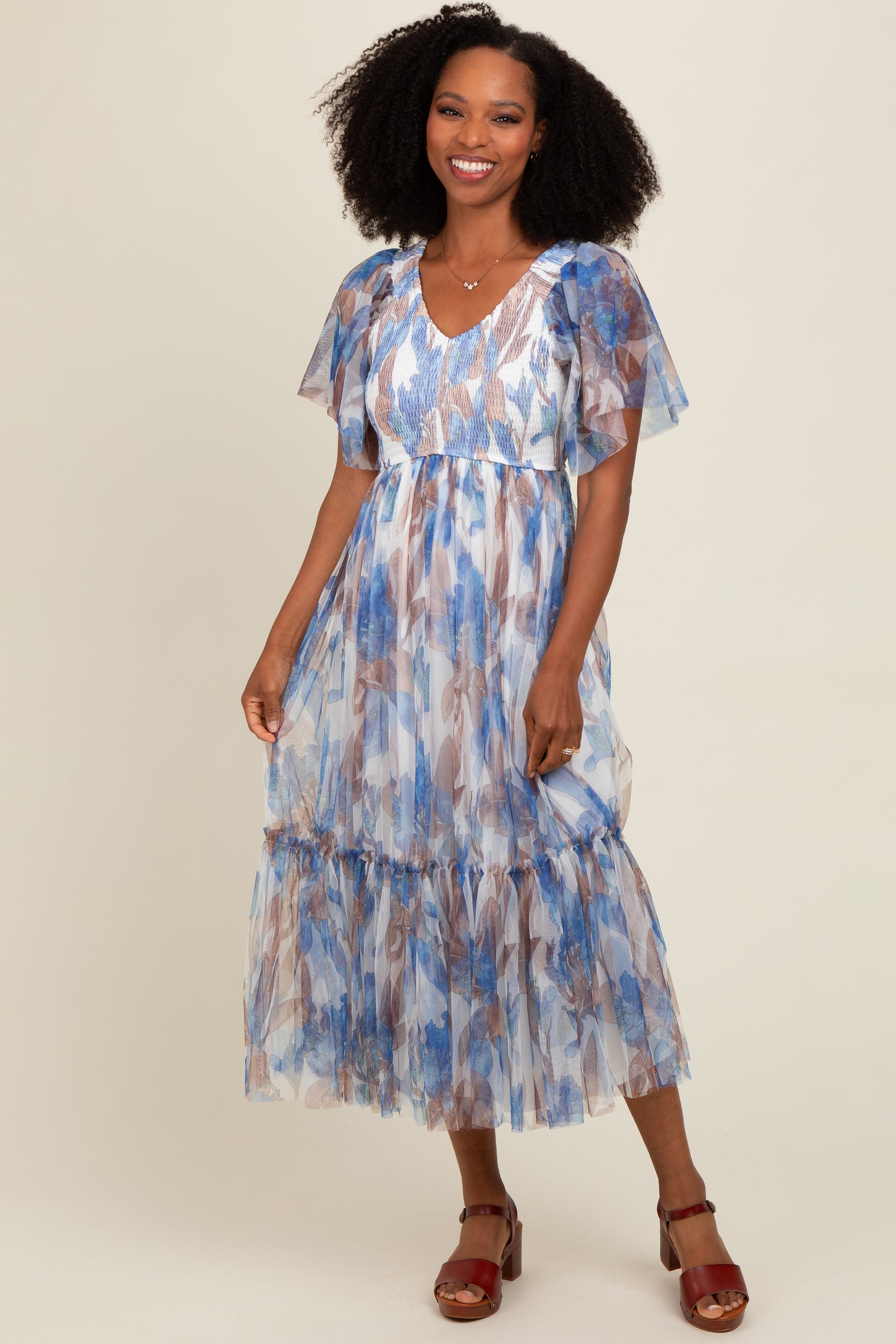 White Leaf Print Mesh Smocked Maternity Midi Dress