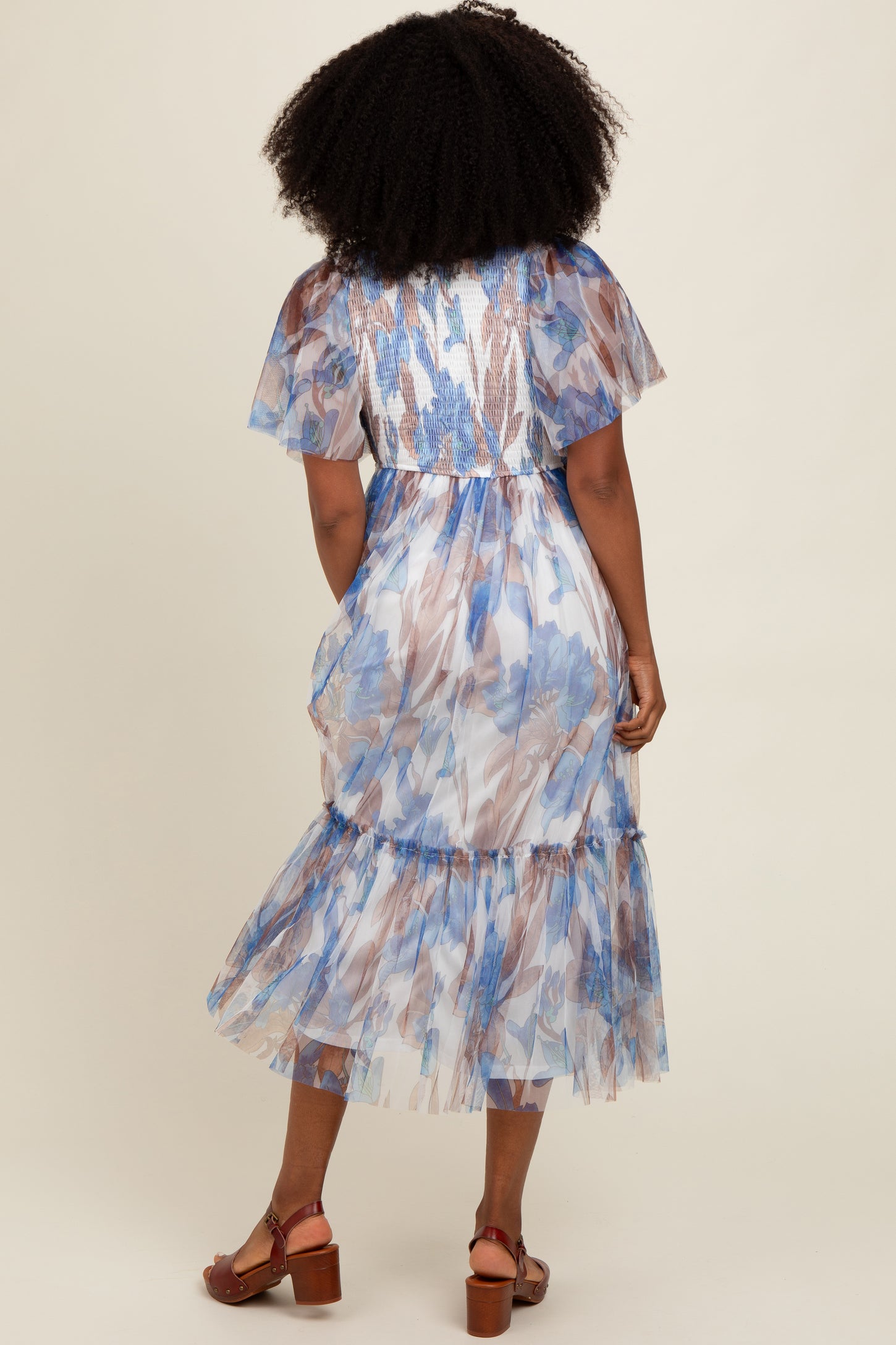 White Leaf Print Mesh Smocked Midi Dress