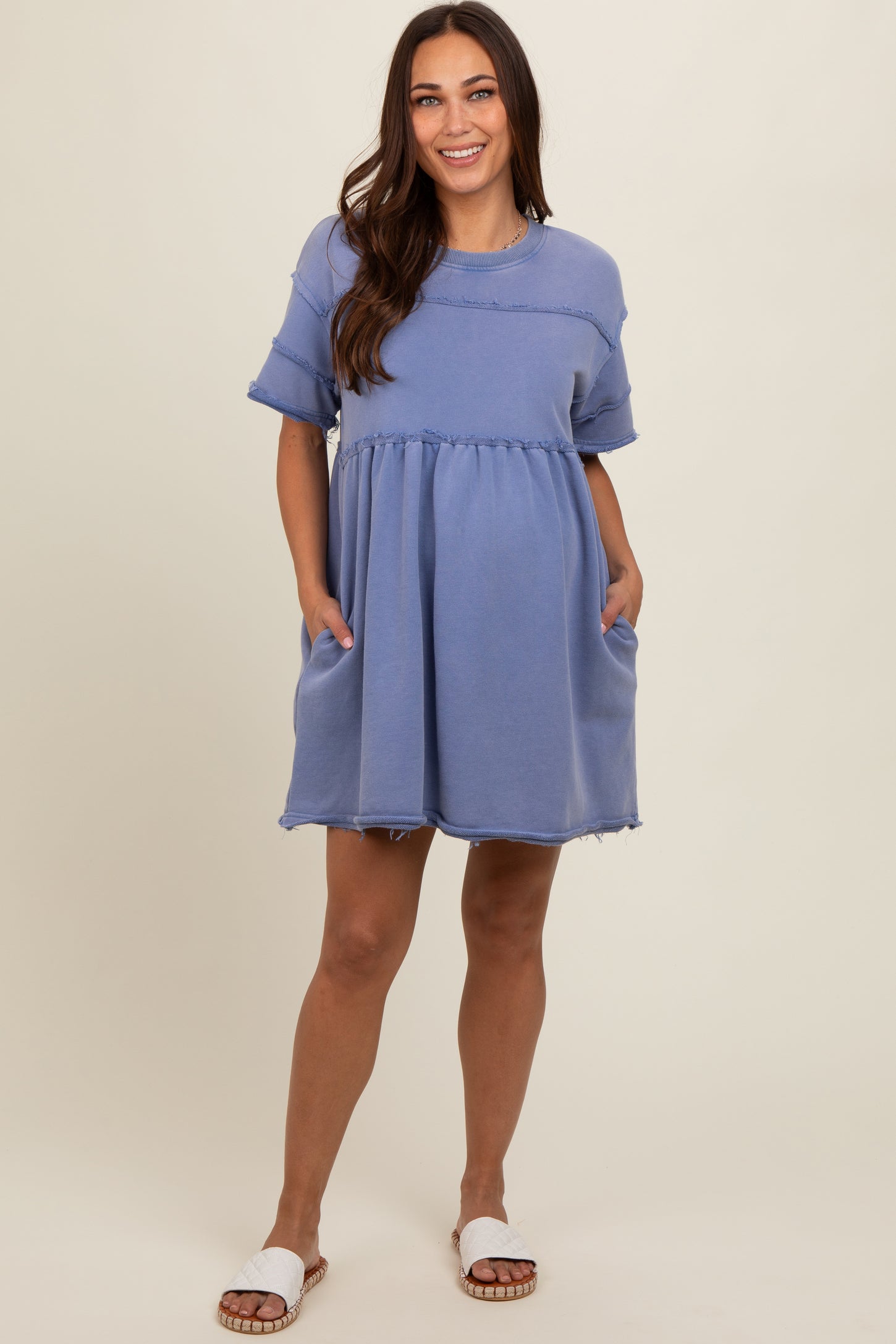 Blue Raw Hem Maternity Short Sleeve Dress