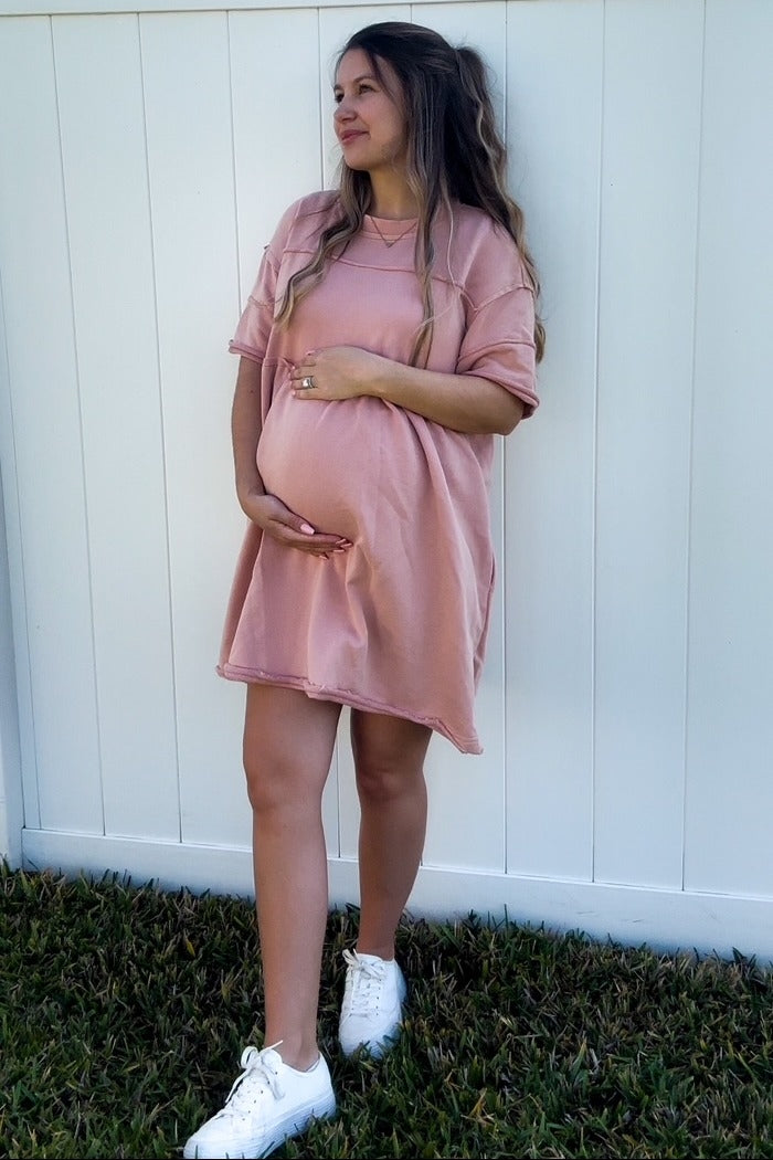 Mauve Raw Hem Maternity Short Sleeve Dress