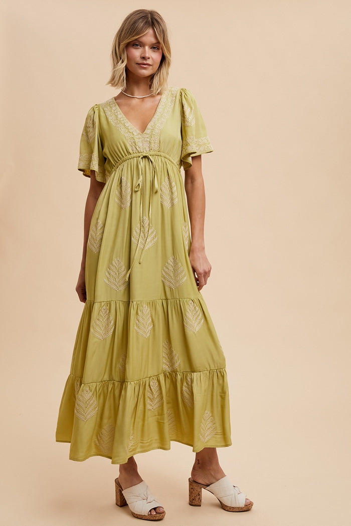 Light Olive Embroidered Maxi Dress