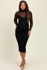 Black Mesh Overlay Fitted Maternity Midi Dress