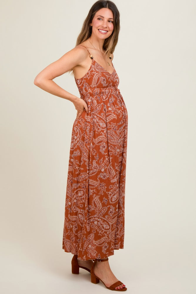 Rust Paisley Side Slit Maternity Maxi Dress