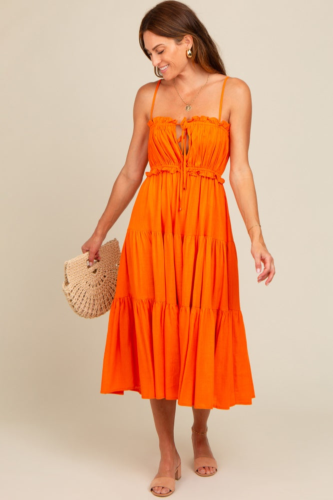 Orange Front Tie Cutout Tiered Maternity Midi Dress