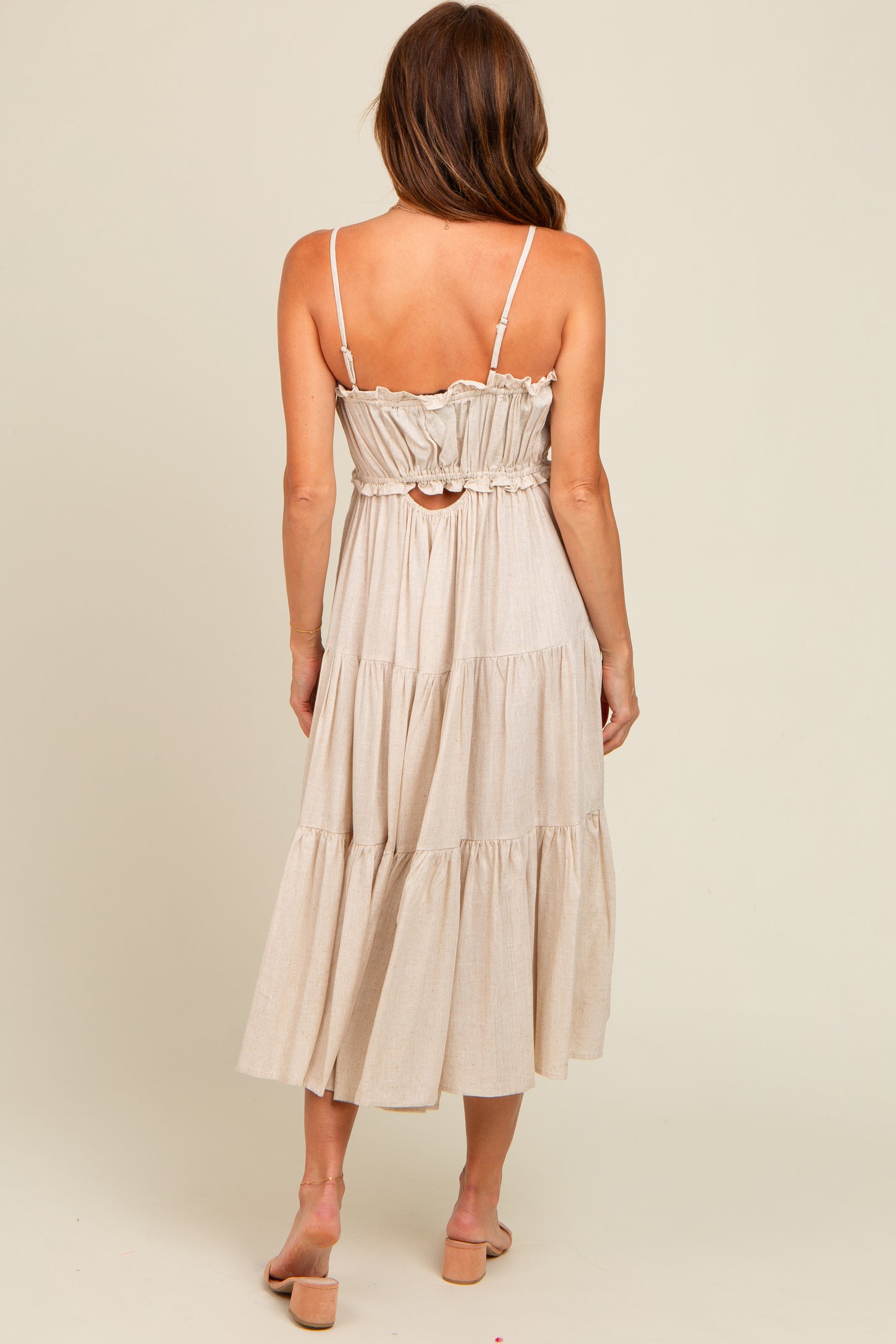 Beige Front Tie Cutout Tiered Midi Dress