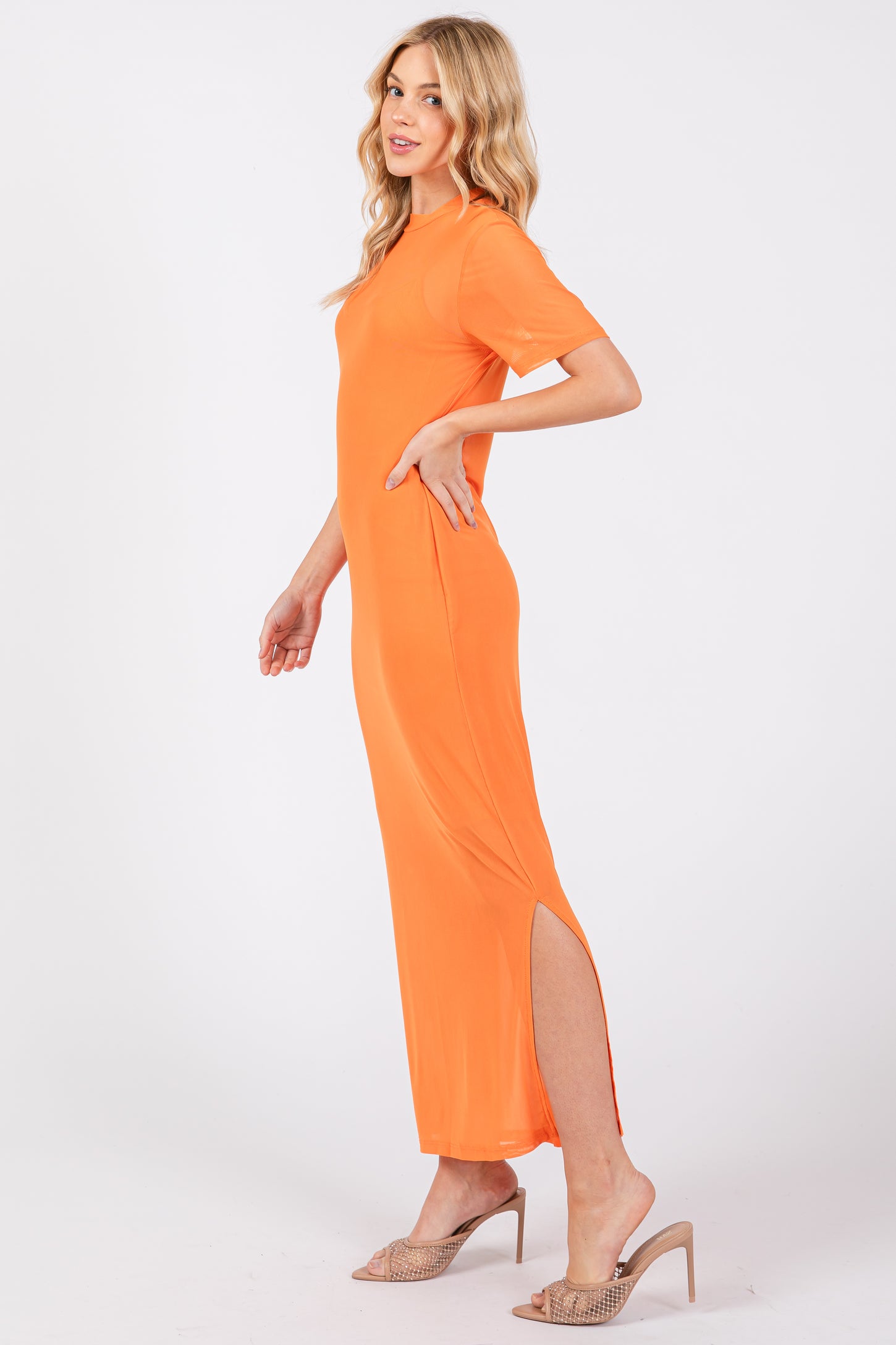 Orange Layered Mesh Maxi Dress