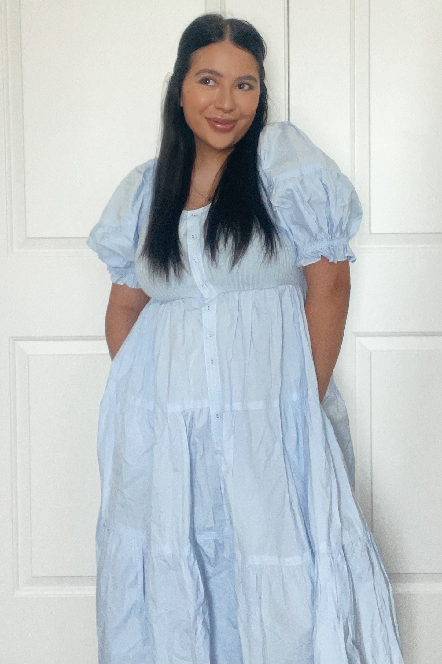 Light Blue Contrast Top Tiered Midi Dress