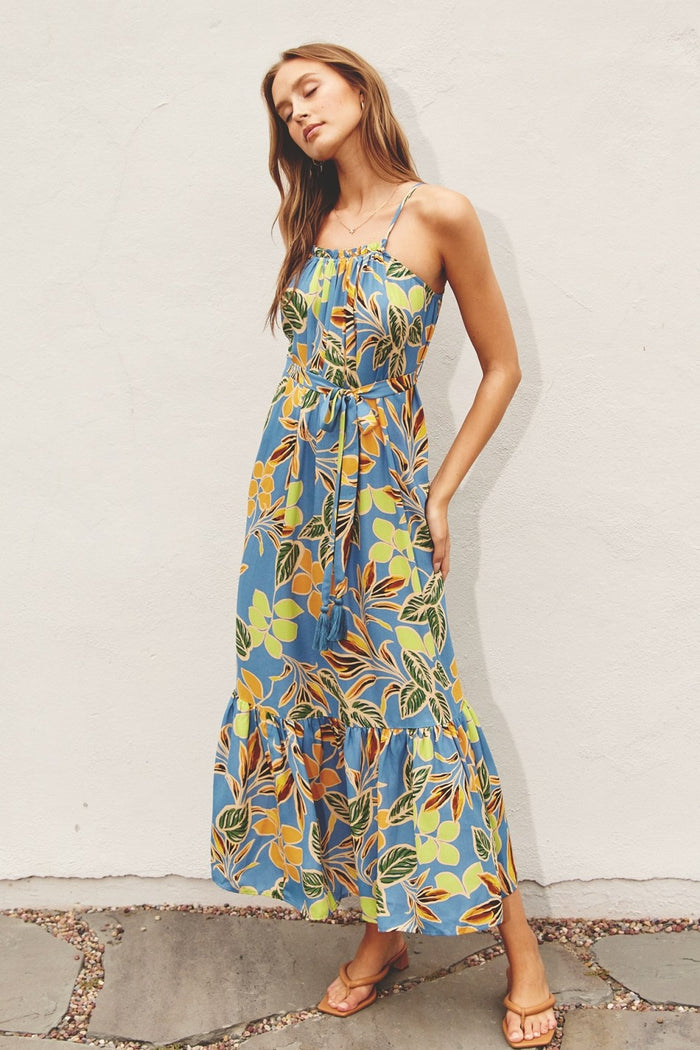 Blue Floral Open Back Maternity Midi Dress