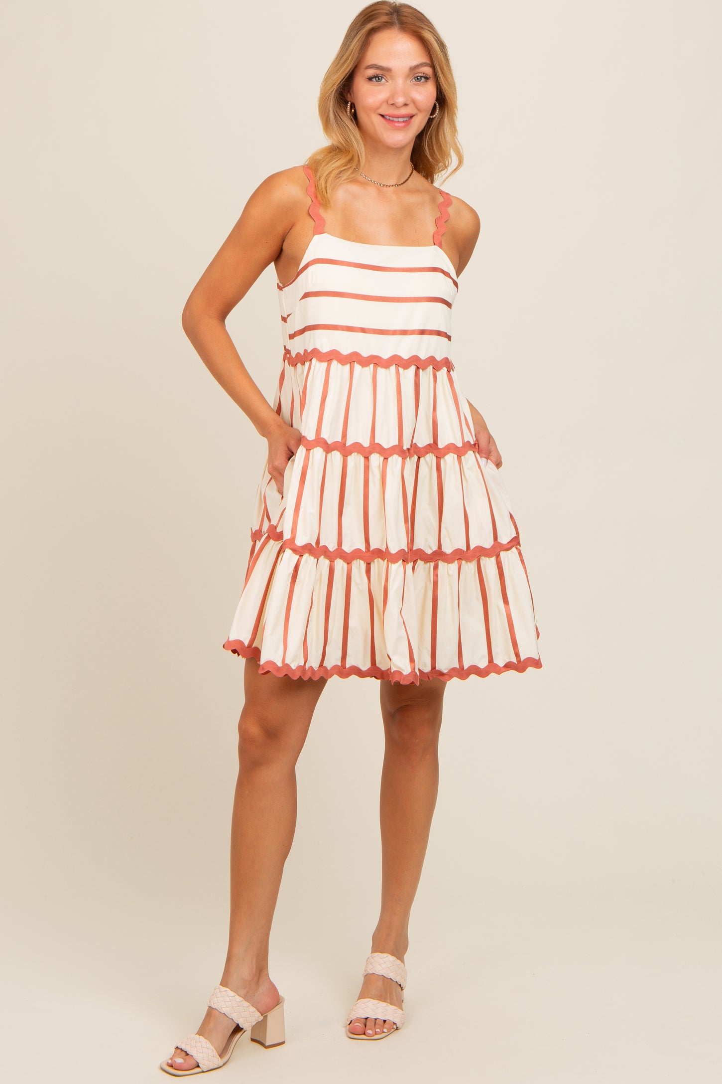 Rust Contrast Stripe Wavy Trim Dress