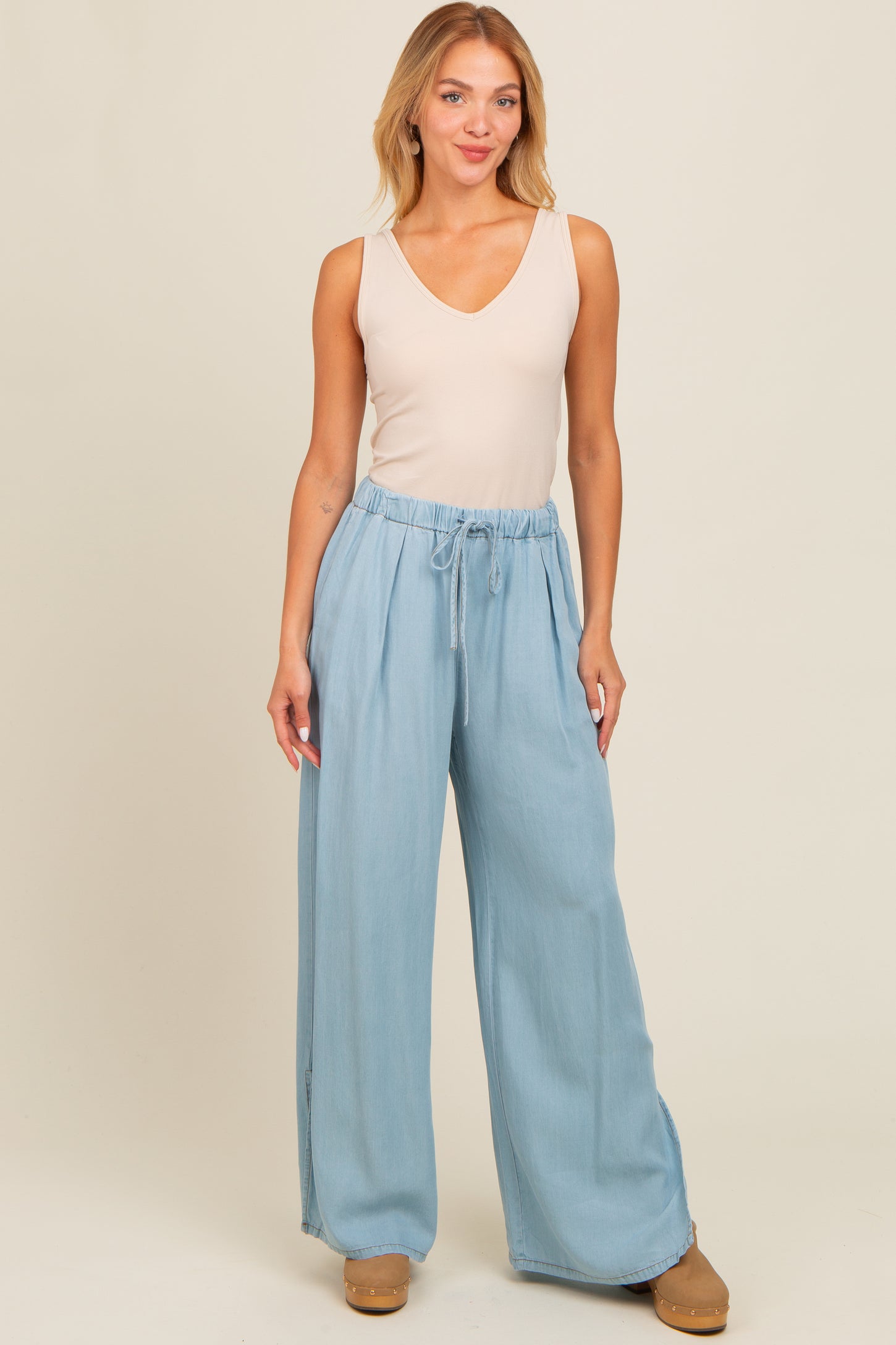 Light Blue Chambray Wide Leg Drawstring Maternity Pants