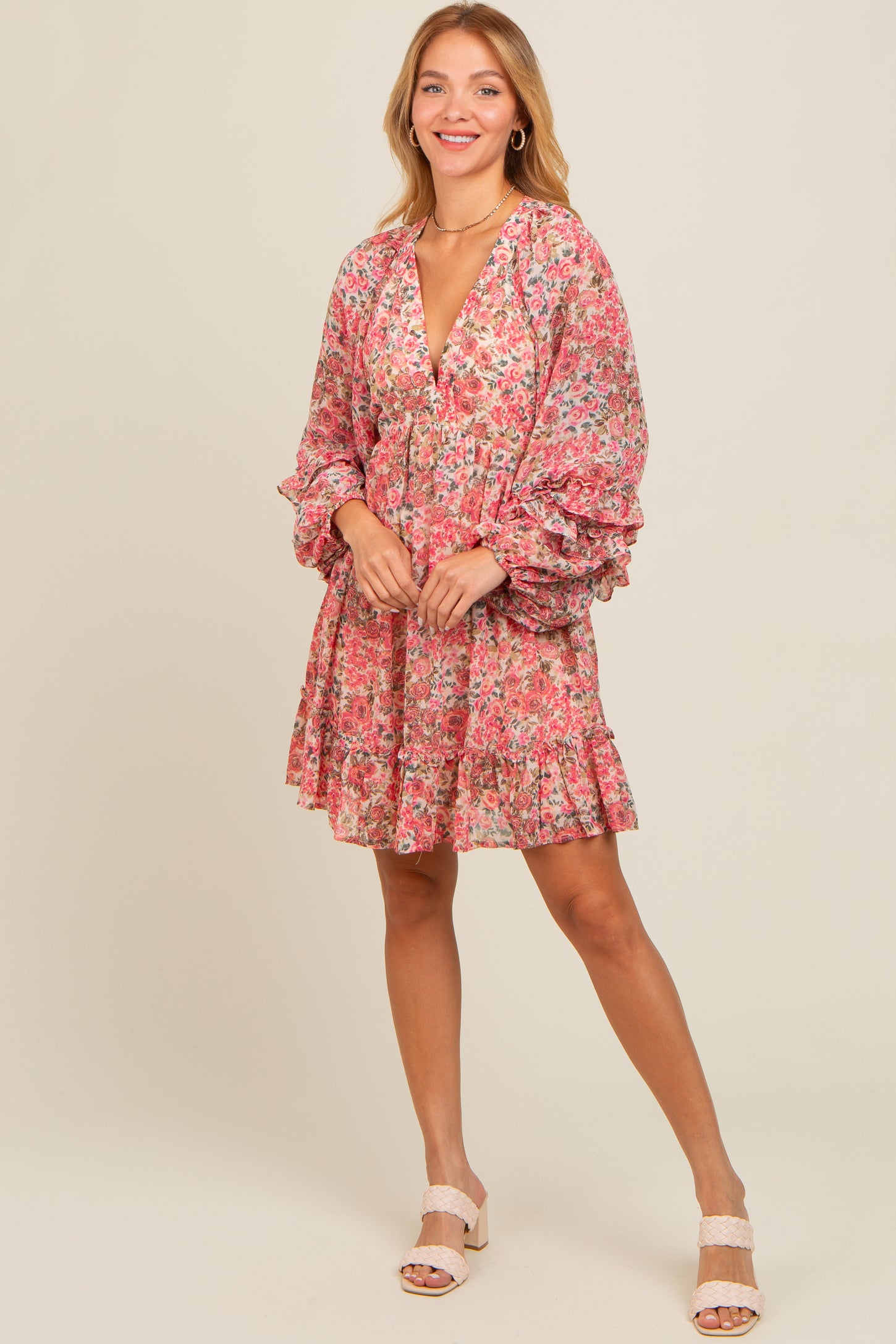 Pink Floral Ruffle Accent Maternity Dress