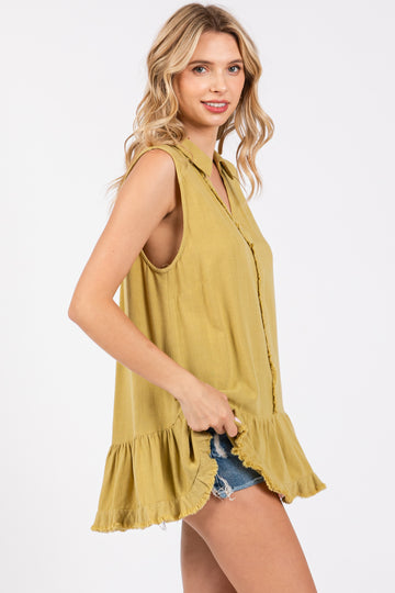 Light Olive Peplum Button Blouse
