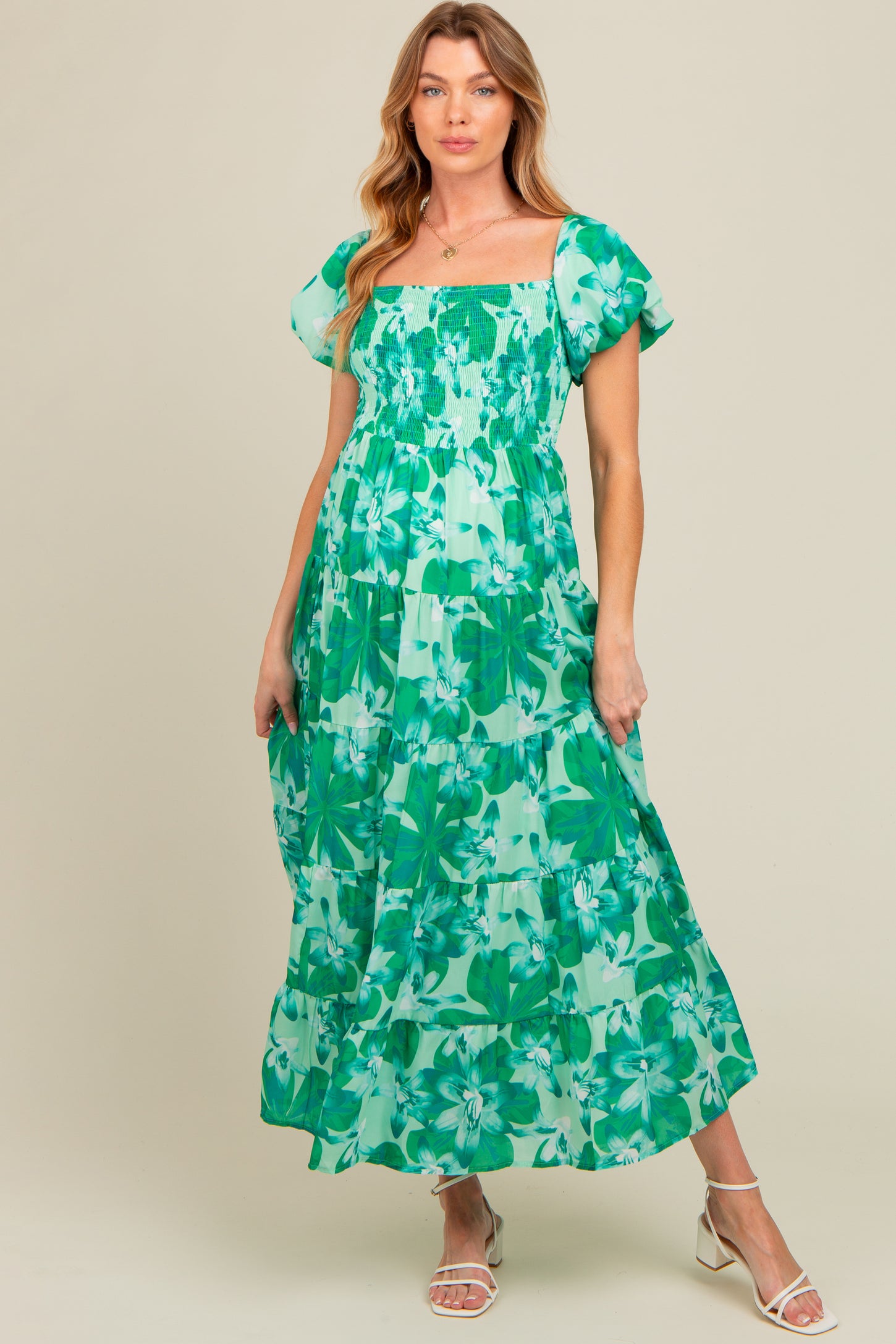 Green Floral Smocked Maternity Maxi Dress