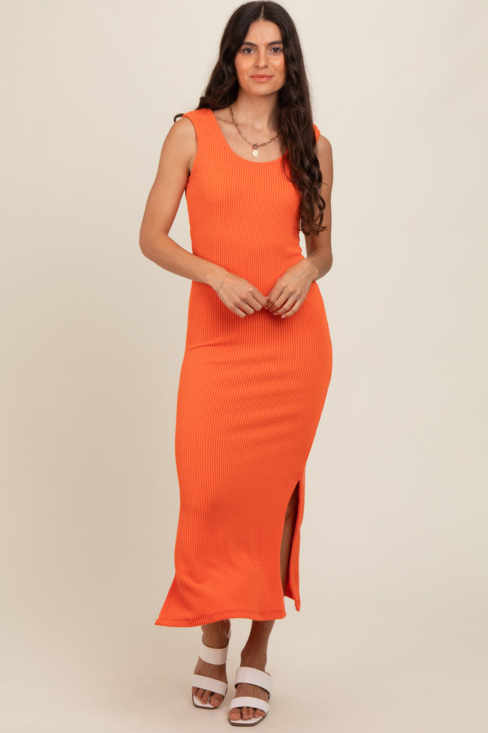 Orange Ribbed Side Slit Maternity Maxi Dress