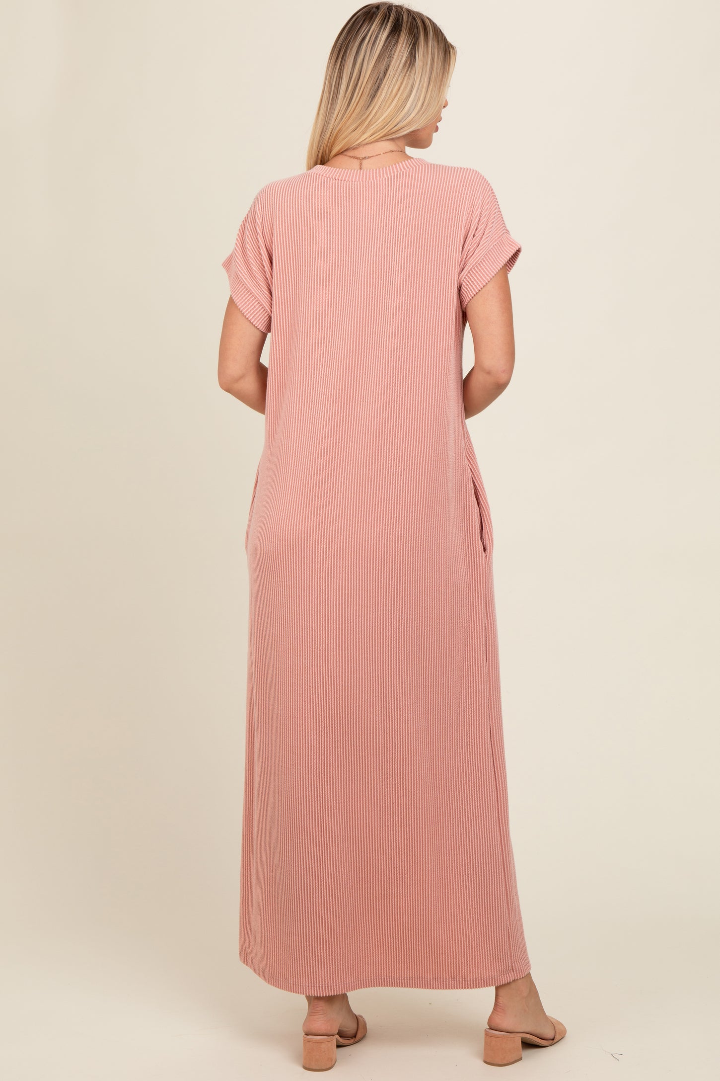 Salmon Ribbed V-Neck Midi Dress