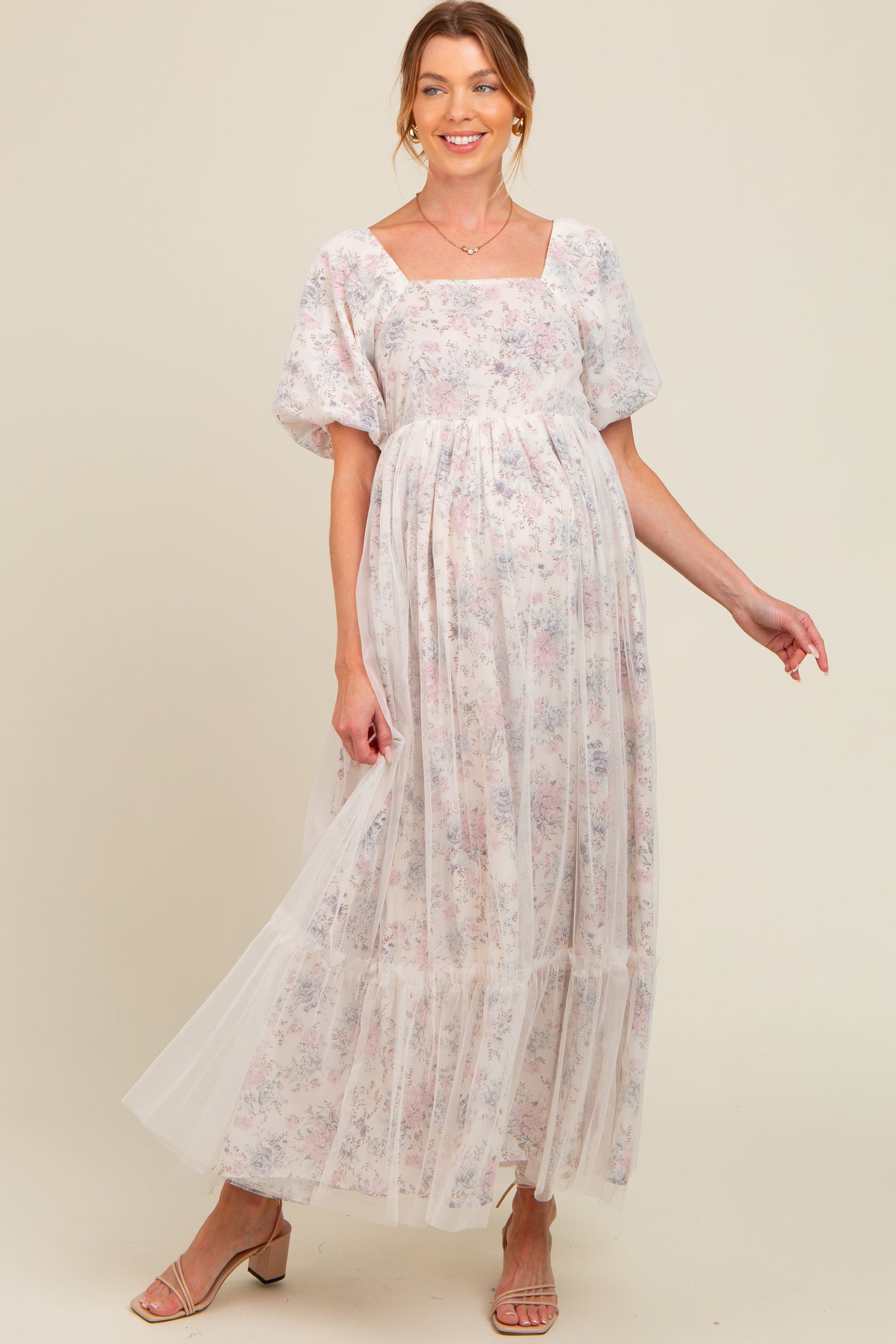Ivory Floral Mesh Overlay Maternity Maxi Dress