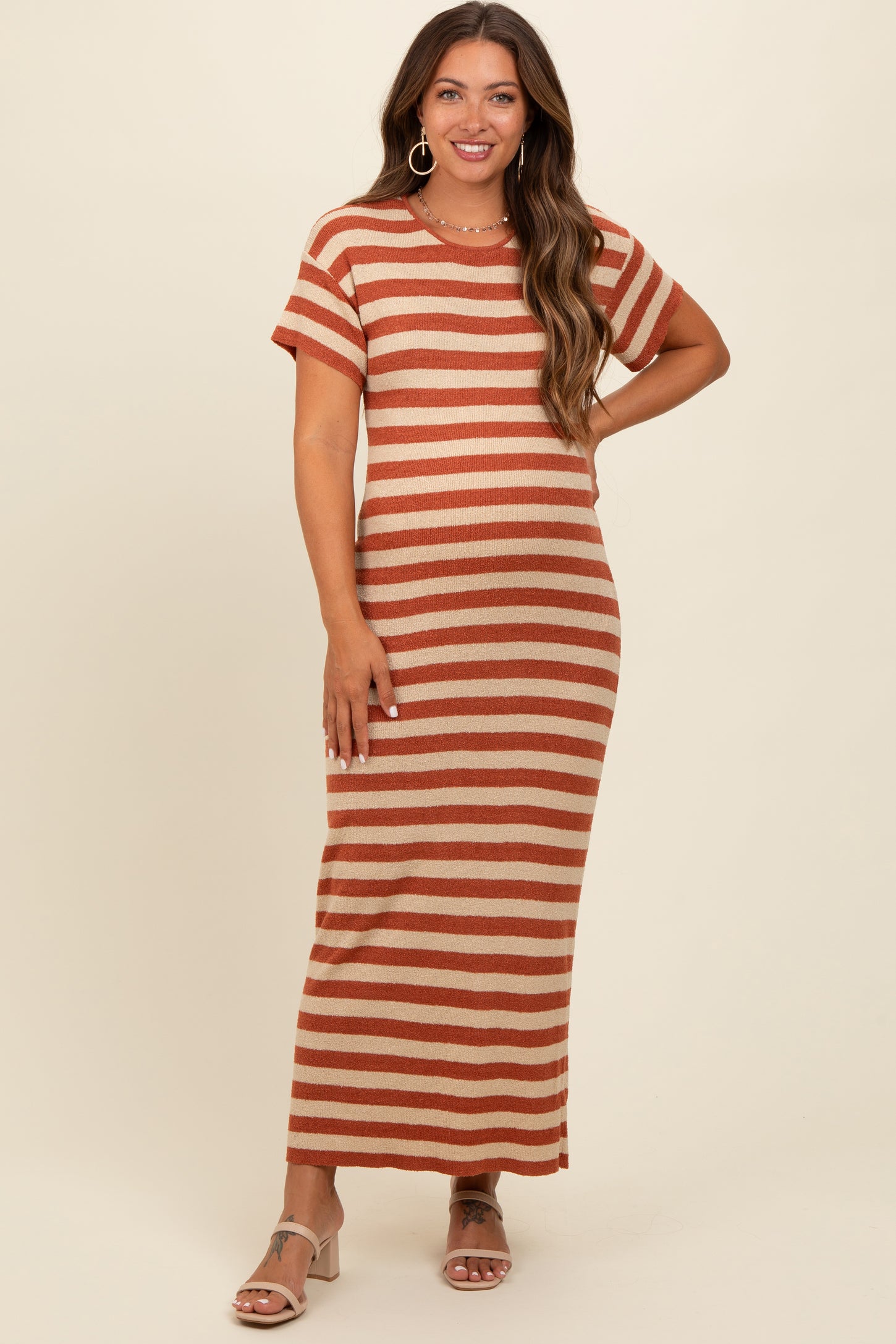 Rust Striped Knit Maternity Midi Dress