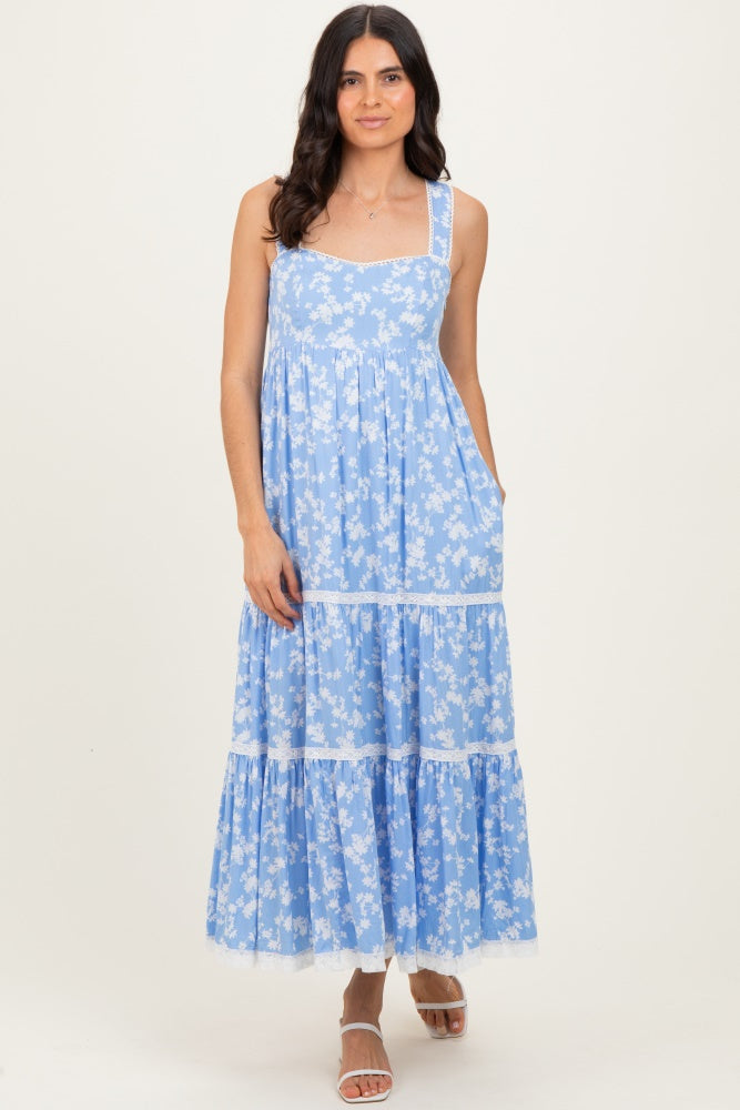 Light Blue Floral Lace Trim Tiered Maternity Maxi Dress