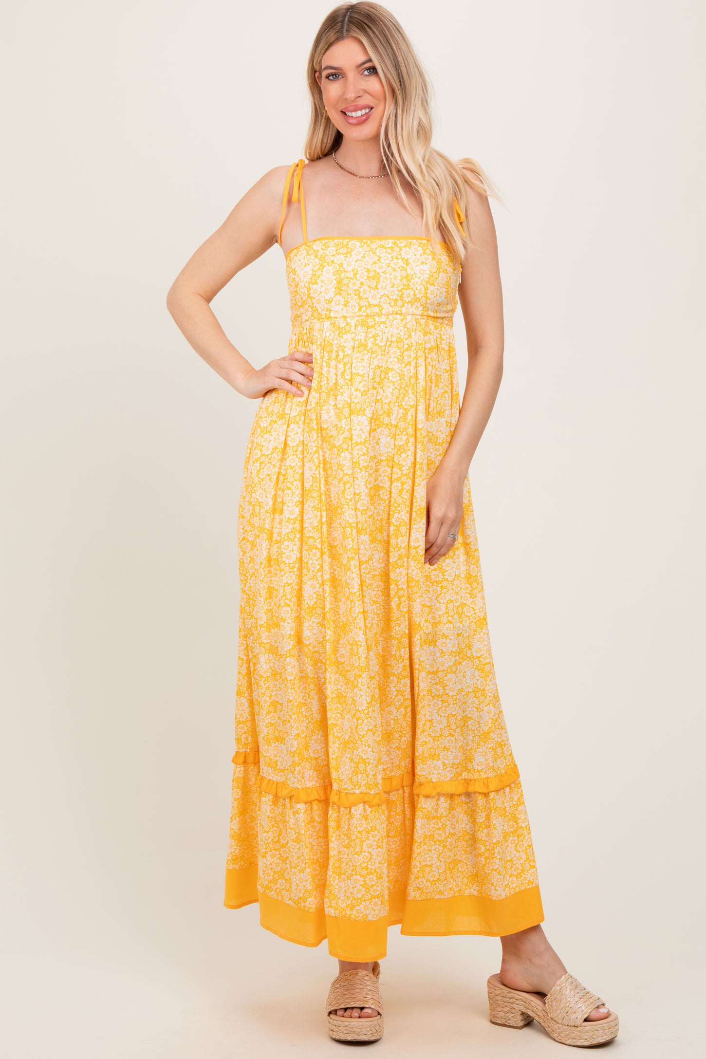 Yellow Floral Shoulder Tie Maternity Maxi Dress
