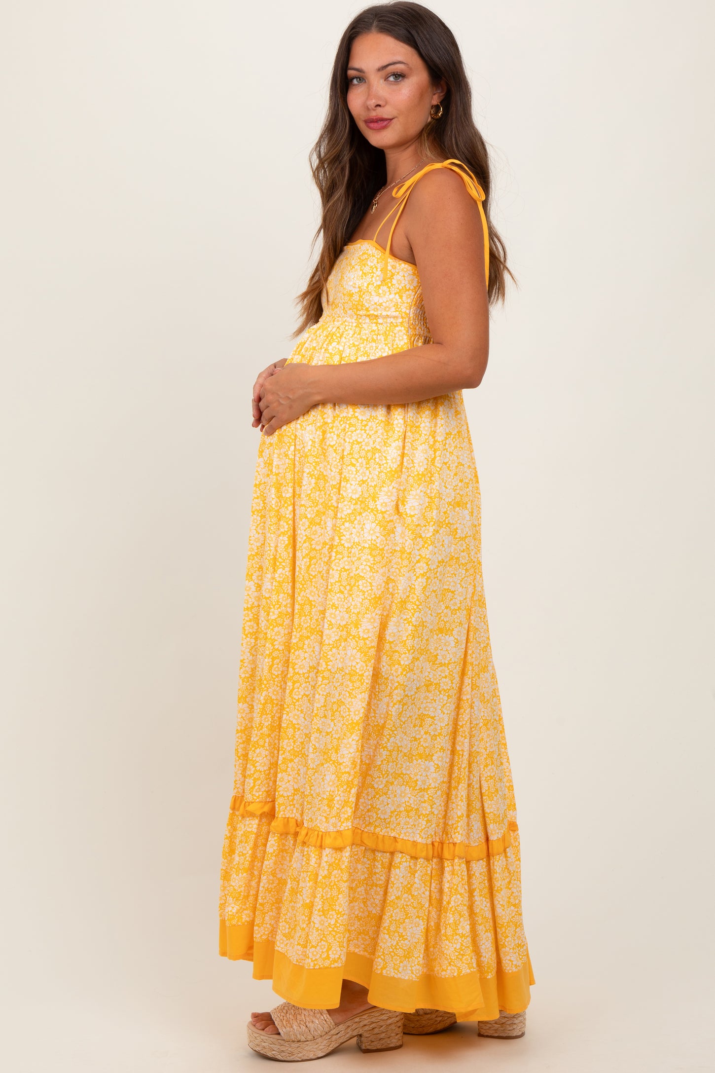 Yellow Floral Shoulder Tie Maternity Maxi Dress