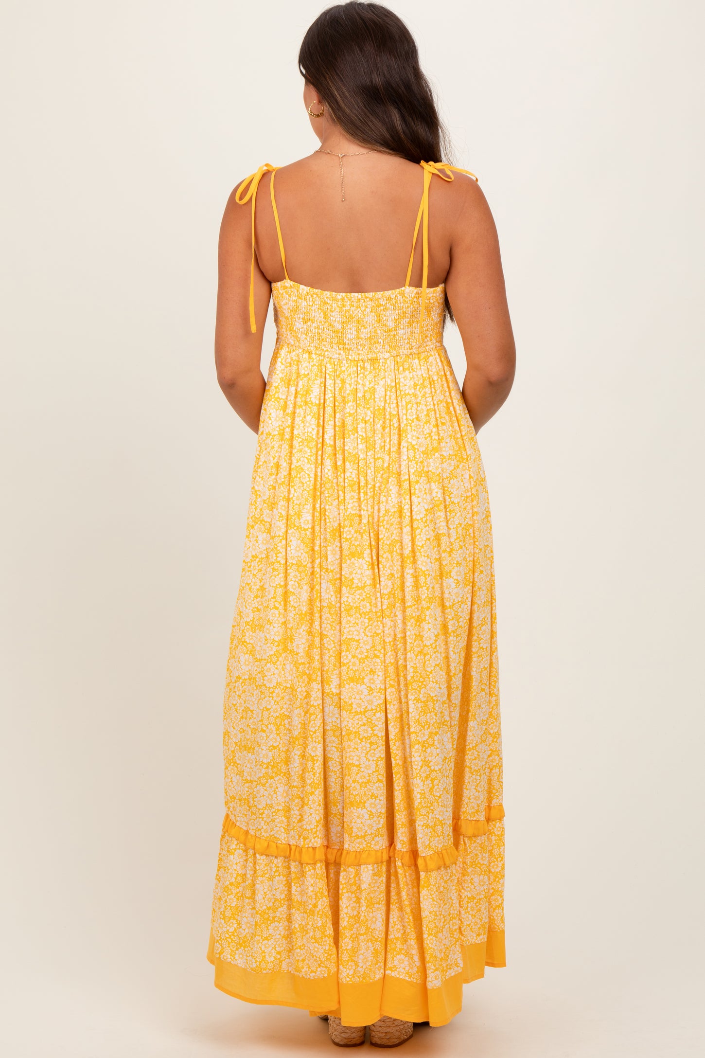 Yellow Floral Shoulder Tie Maternity Maxi Dress