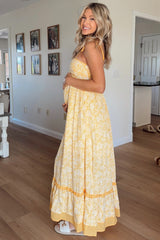 Yellow Floral Shoulder Tie Maternity Maxi Dress