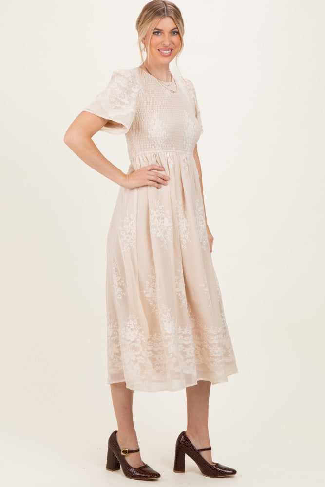 Cream Embroidered Smocked Midi Dress