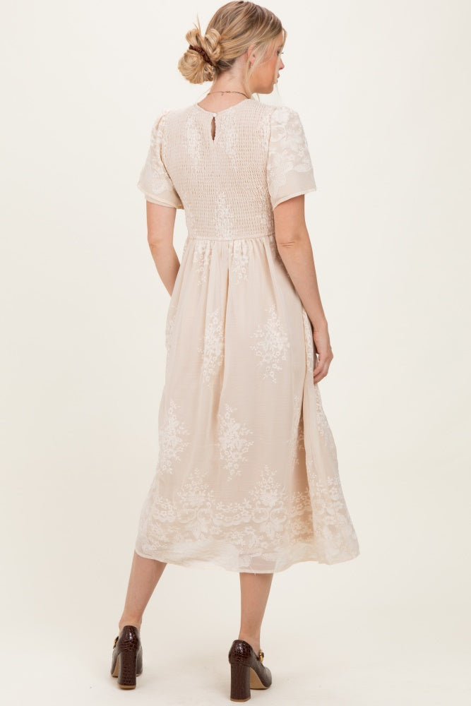 Cream Embroidered Smocked Midi Dress