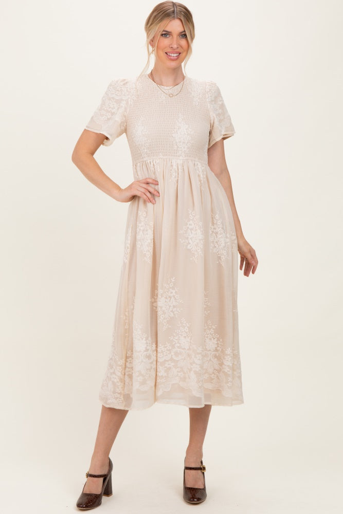 Cream Embroidered Smocked Maternity Midi Dress