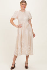 Cream Embroidered Smocked Maternity Midi Dress