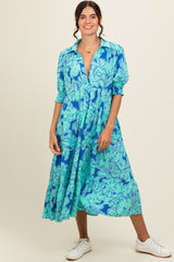 Mint Green Abstract Floral Tiered Maternity Midi Dress