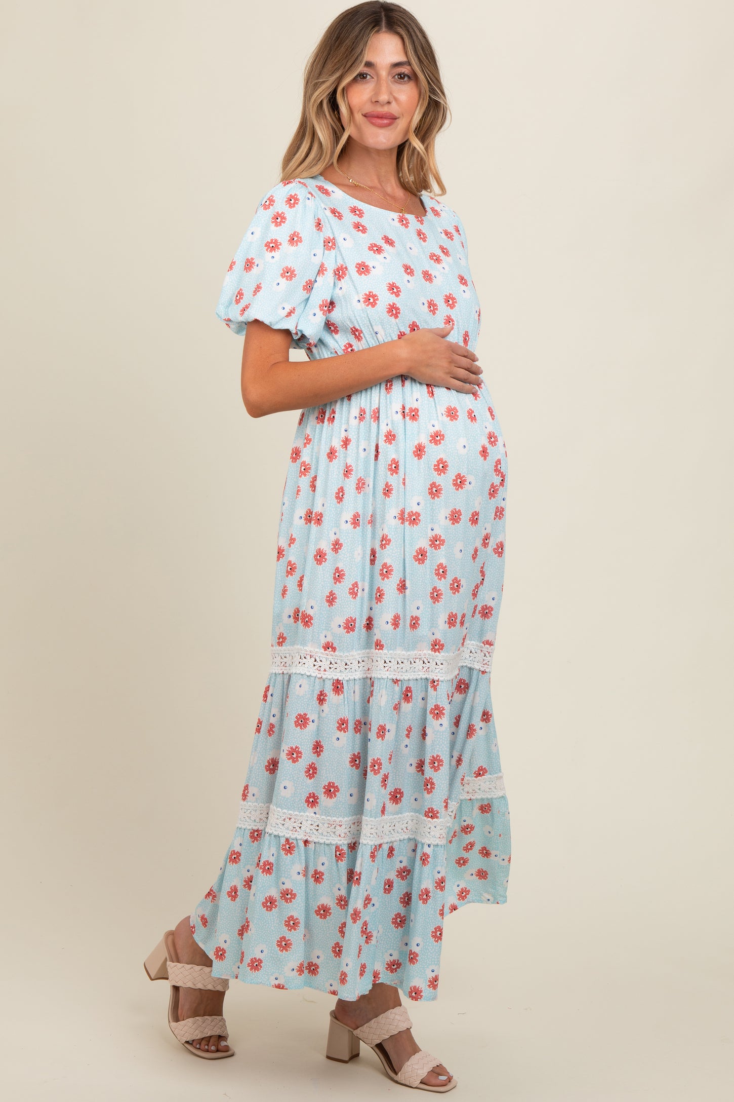 Light Blue Floral Lace Trim Maternity Maxi Dress