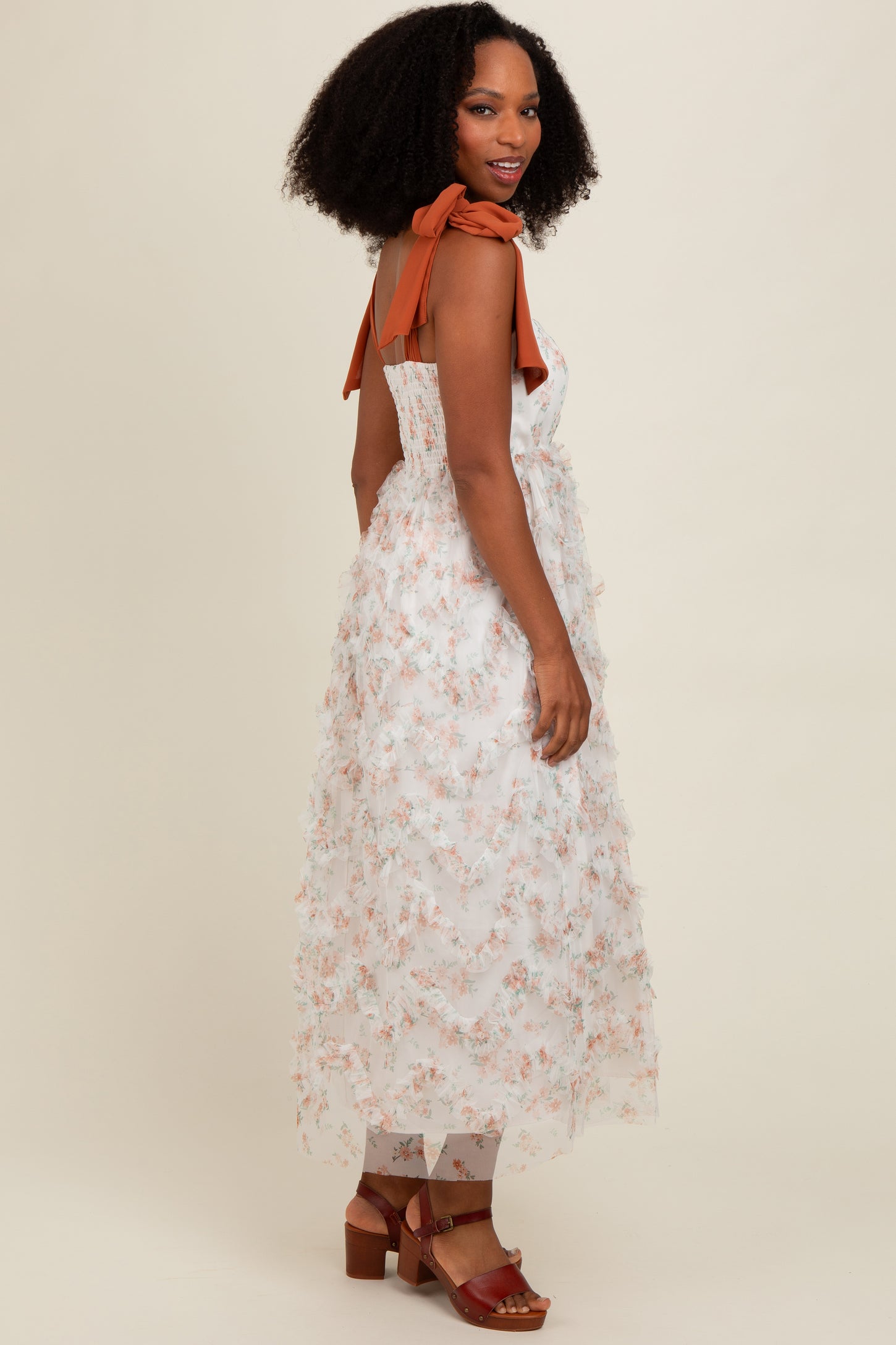 Peach Floral Ruffle Tiered Maxi Dress
