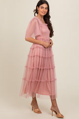 Pink Ruffled Mesh Maxi Dress