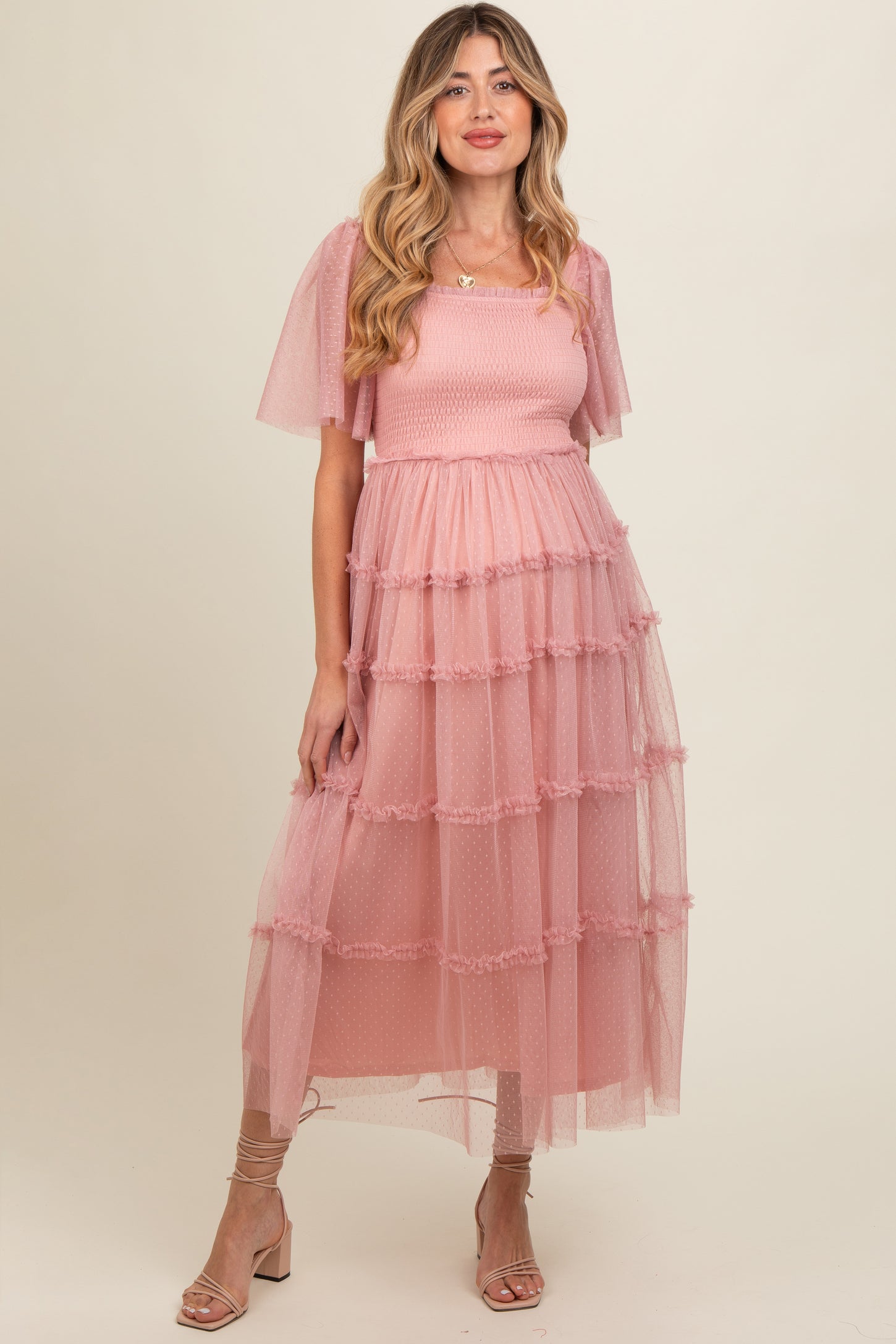Pink Ruffled Mesh Maternity Maxi Dress