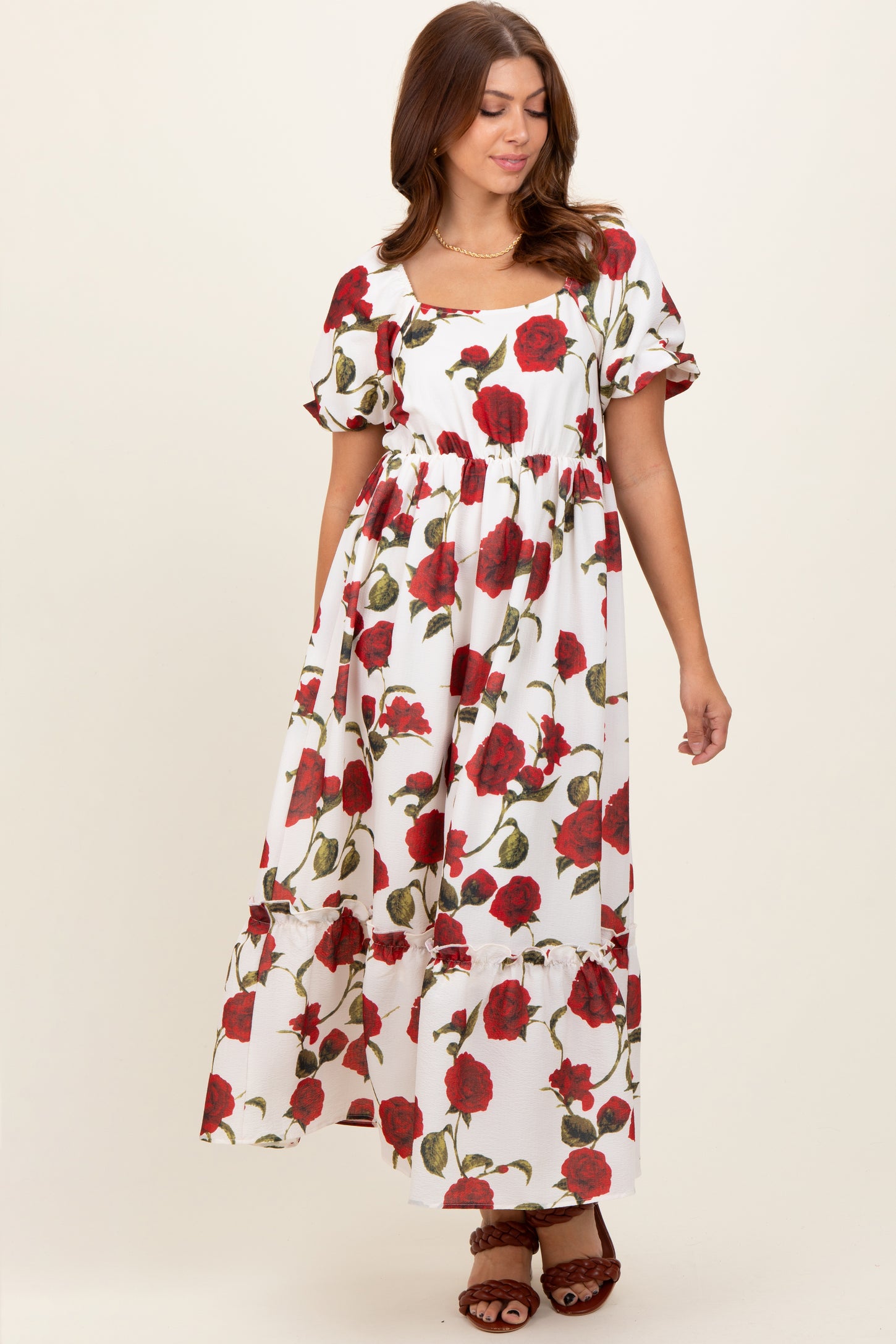 Cream Floral Square Neck Short Puff Sleeve Maternity Midi Dress