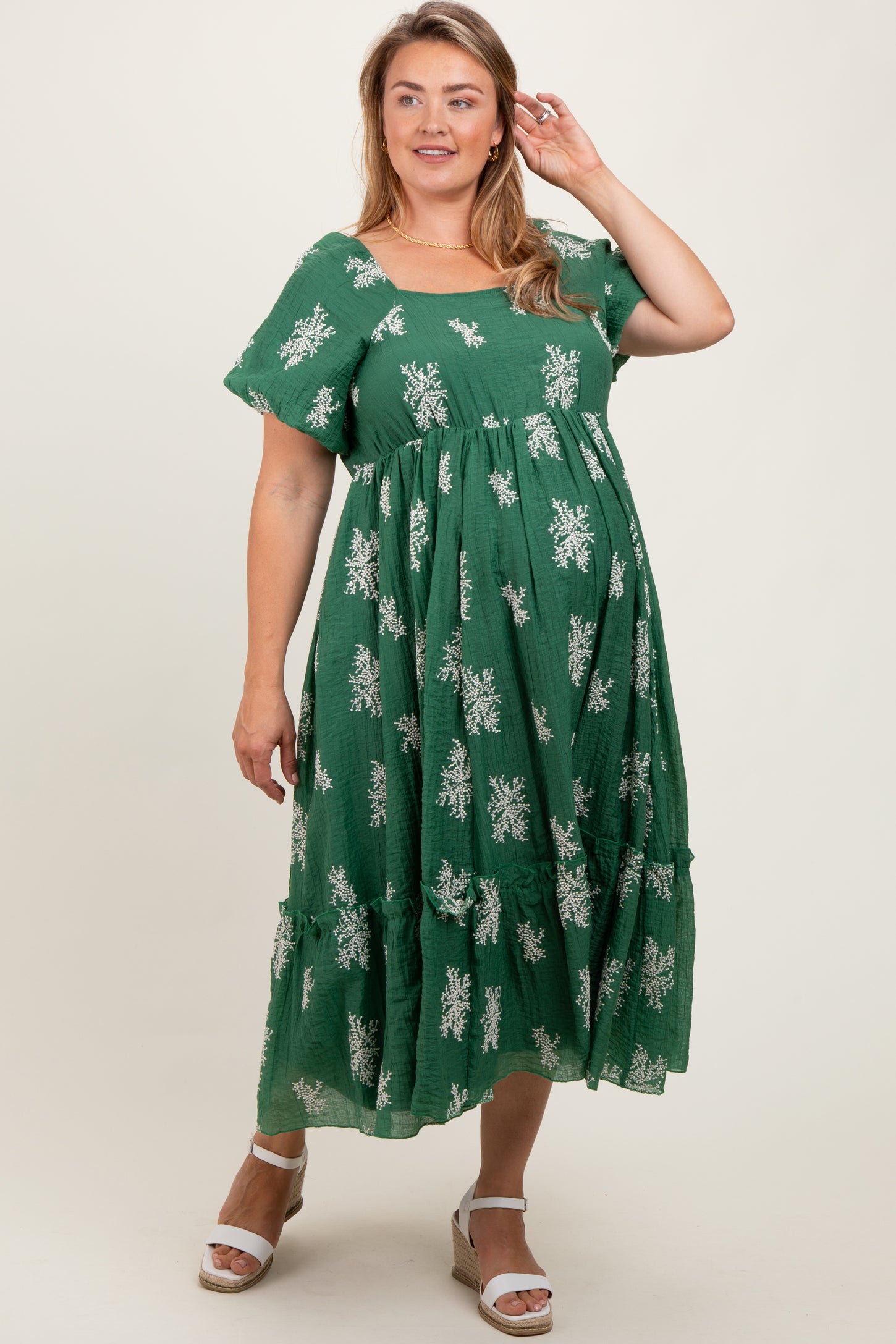 Green Floral Print Ruffle Hem Maternity Plus Midi Dress