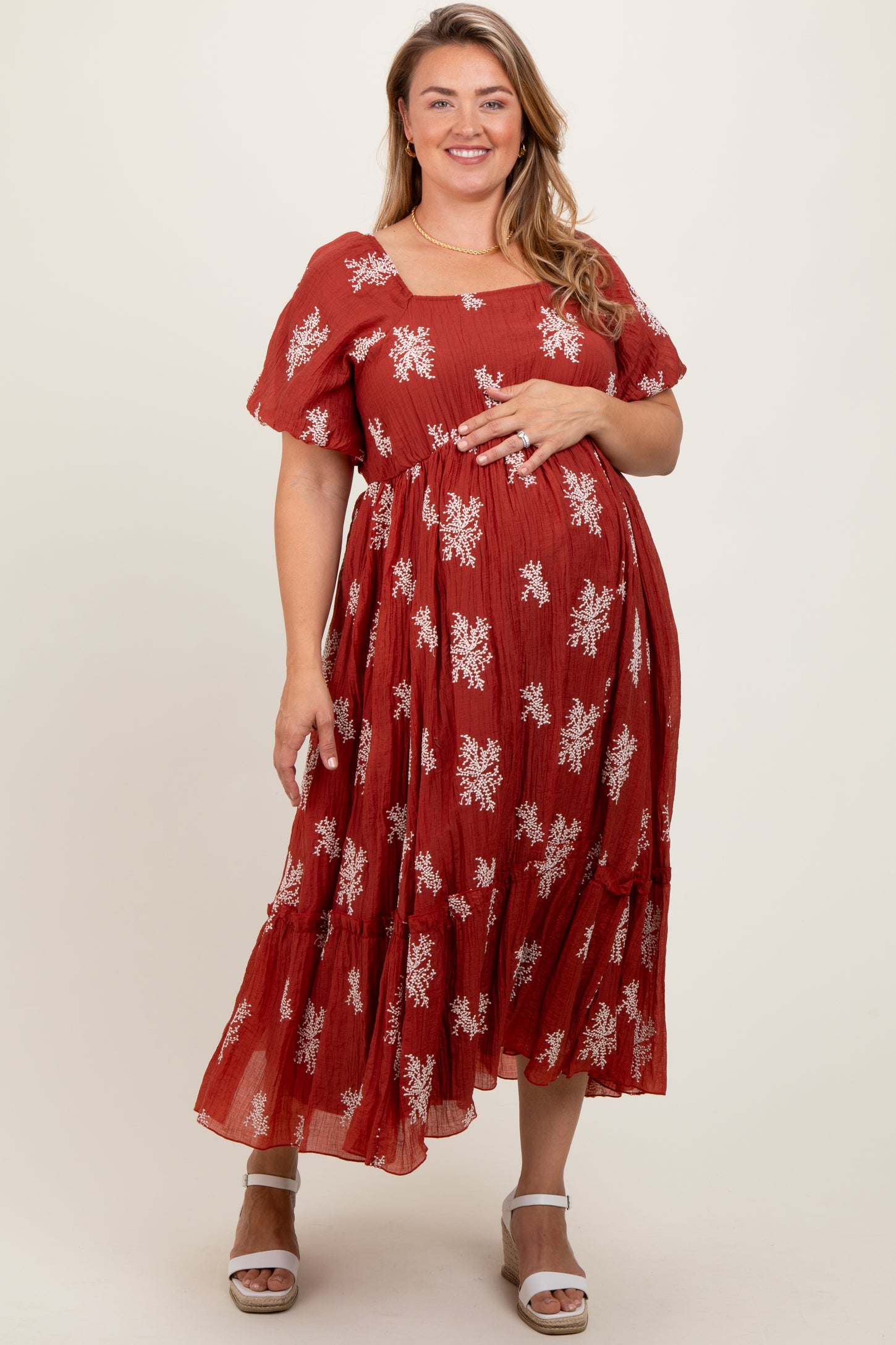 Rust Floral Print Ruffle Hem Maternity Plus Midi Dress