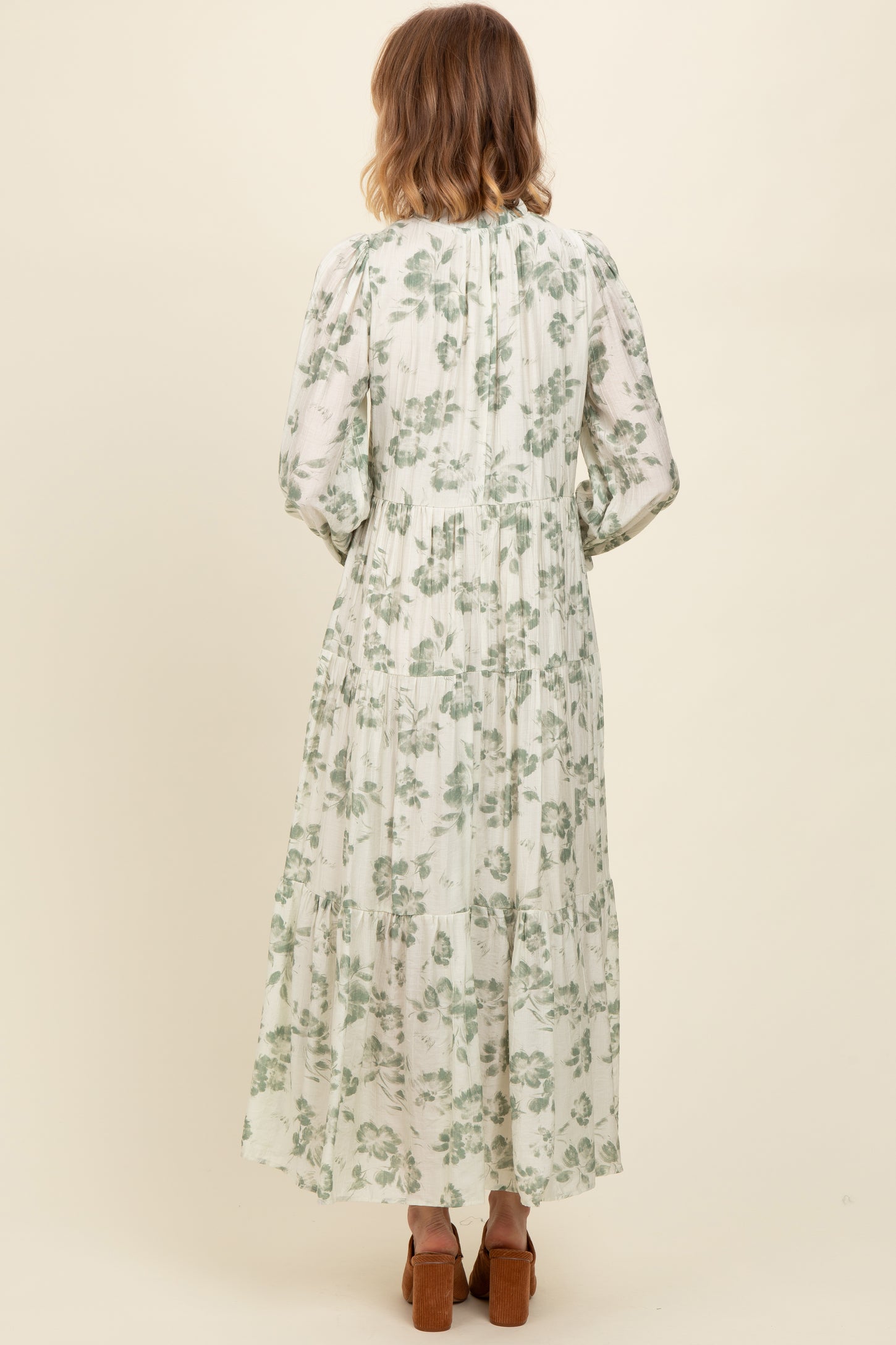 Olive Floral Button Front Tiered Long Sleeve Maxi Dress