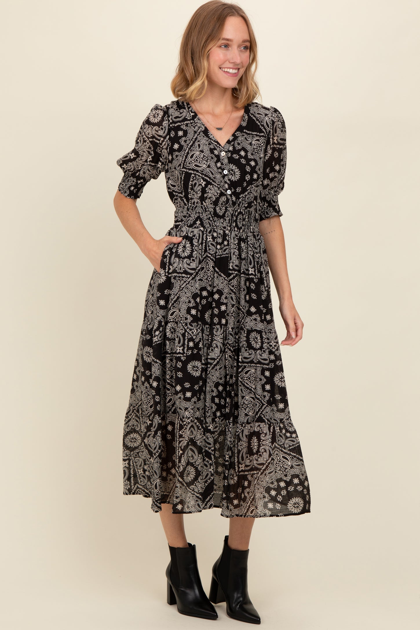 Black Paisley Button Front V-Neck Tiered Midi Dress