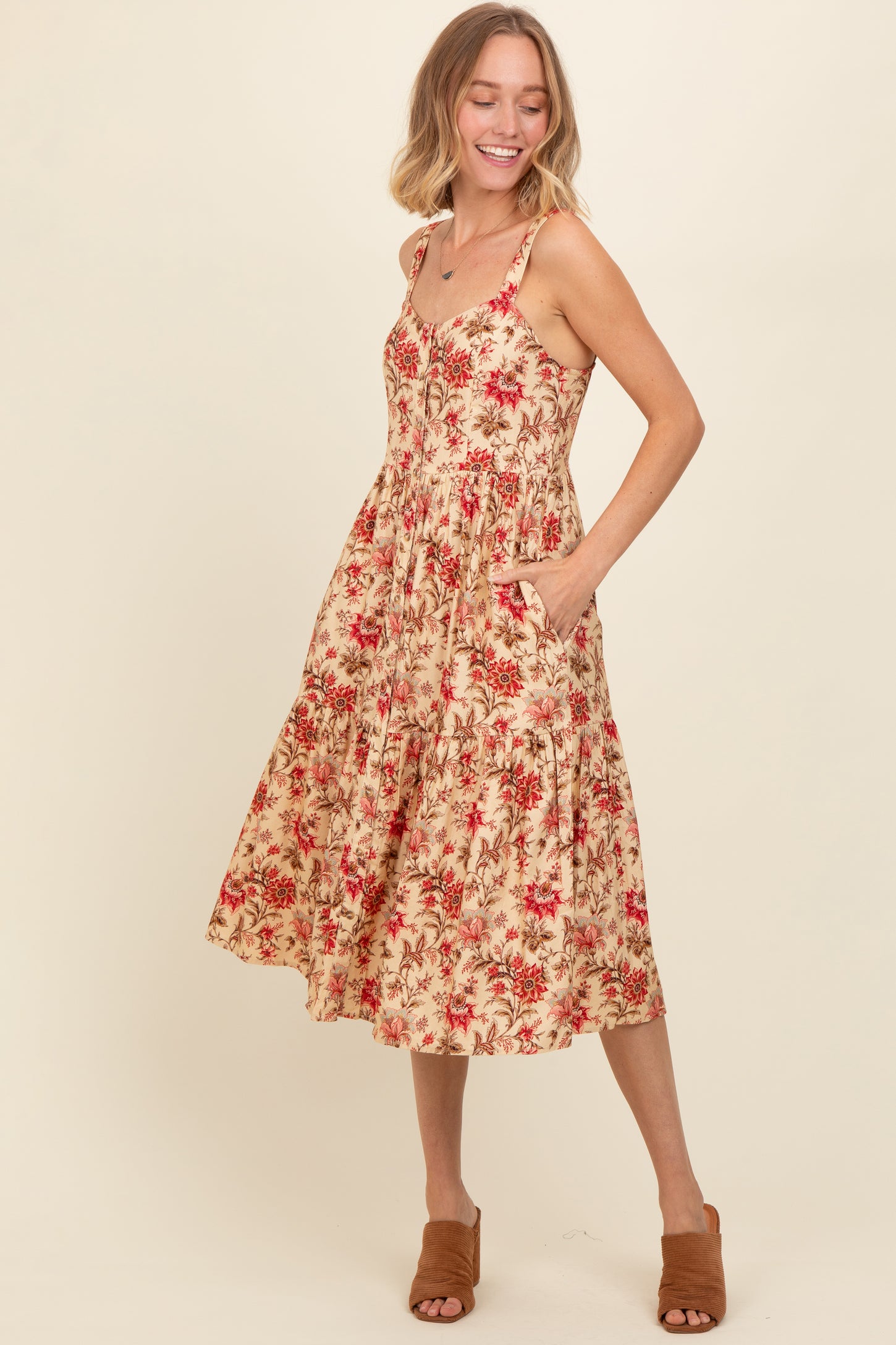 Cream Floral Sweetheart Neck Button Down Midi Dress