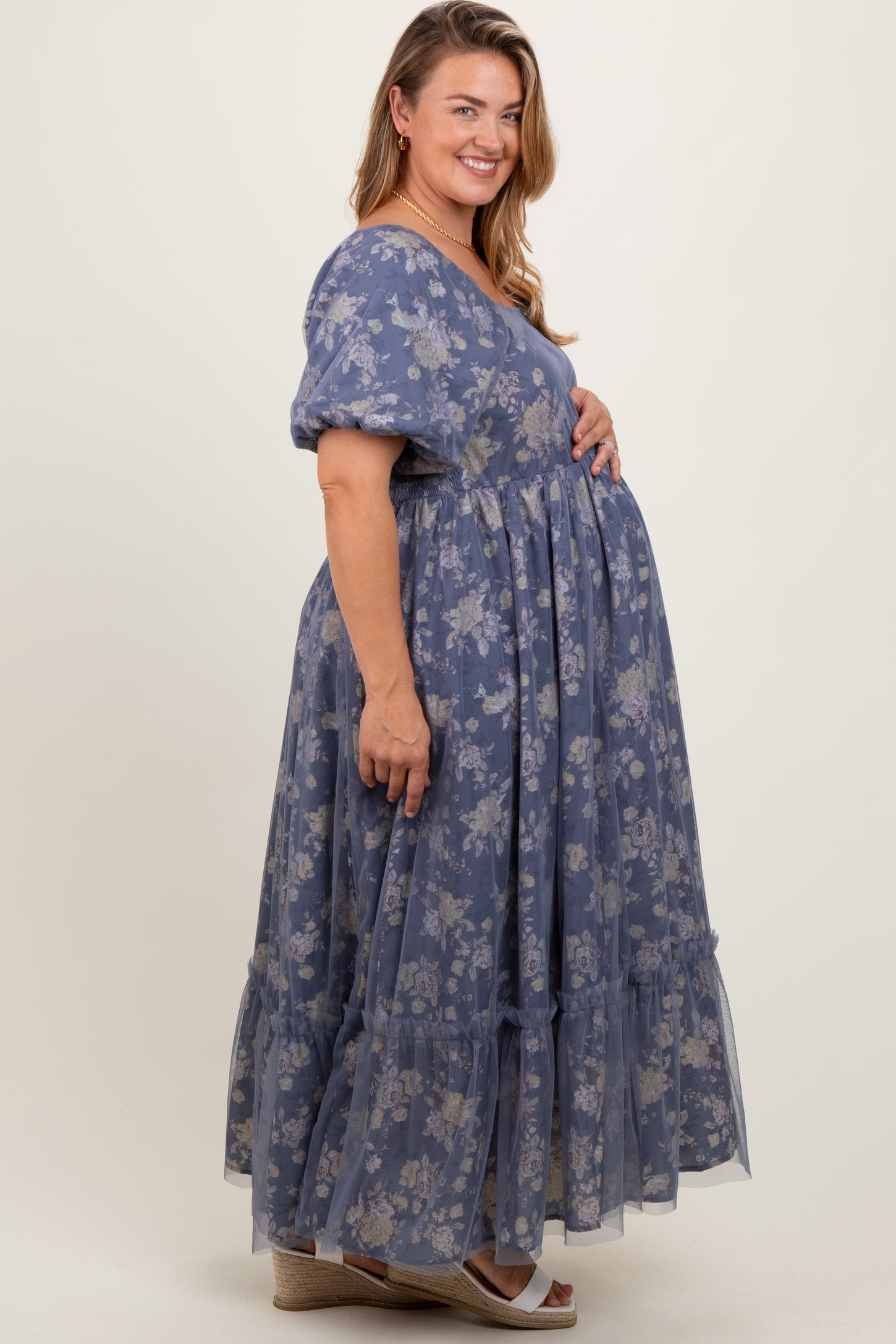Navy Floral Mesh Square Neck Short Puff Sleeve Maternity Plus Midi Dress