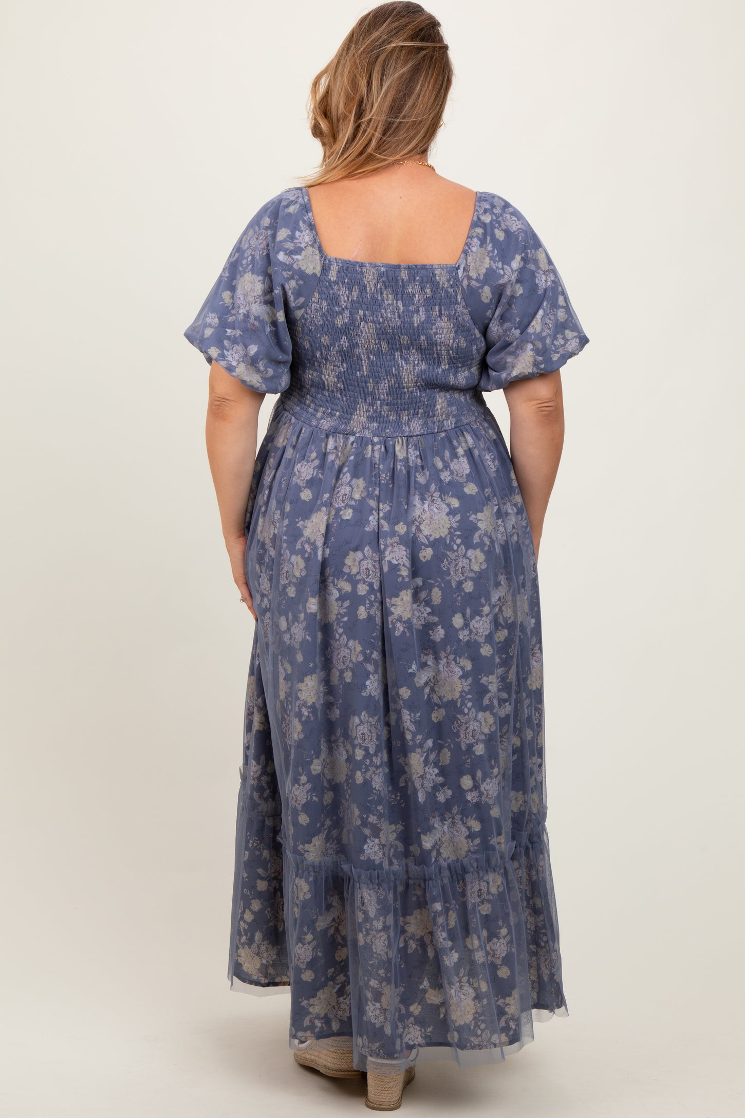 Navy Floral Mesh Square Neck Short Puff Sleeve Maternity Plus Midi Dress