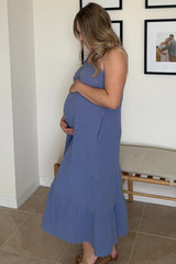 Blue Tiered Hem Maternity Midi Dress