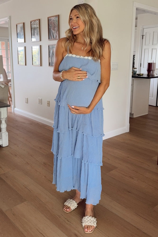 Periwinkle Ruffle Tiered Maternity Maxi Dress