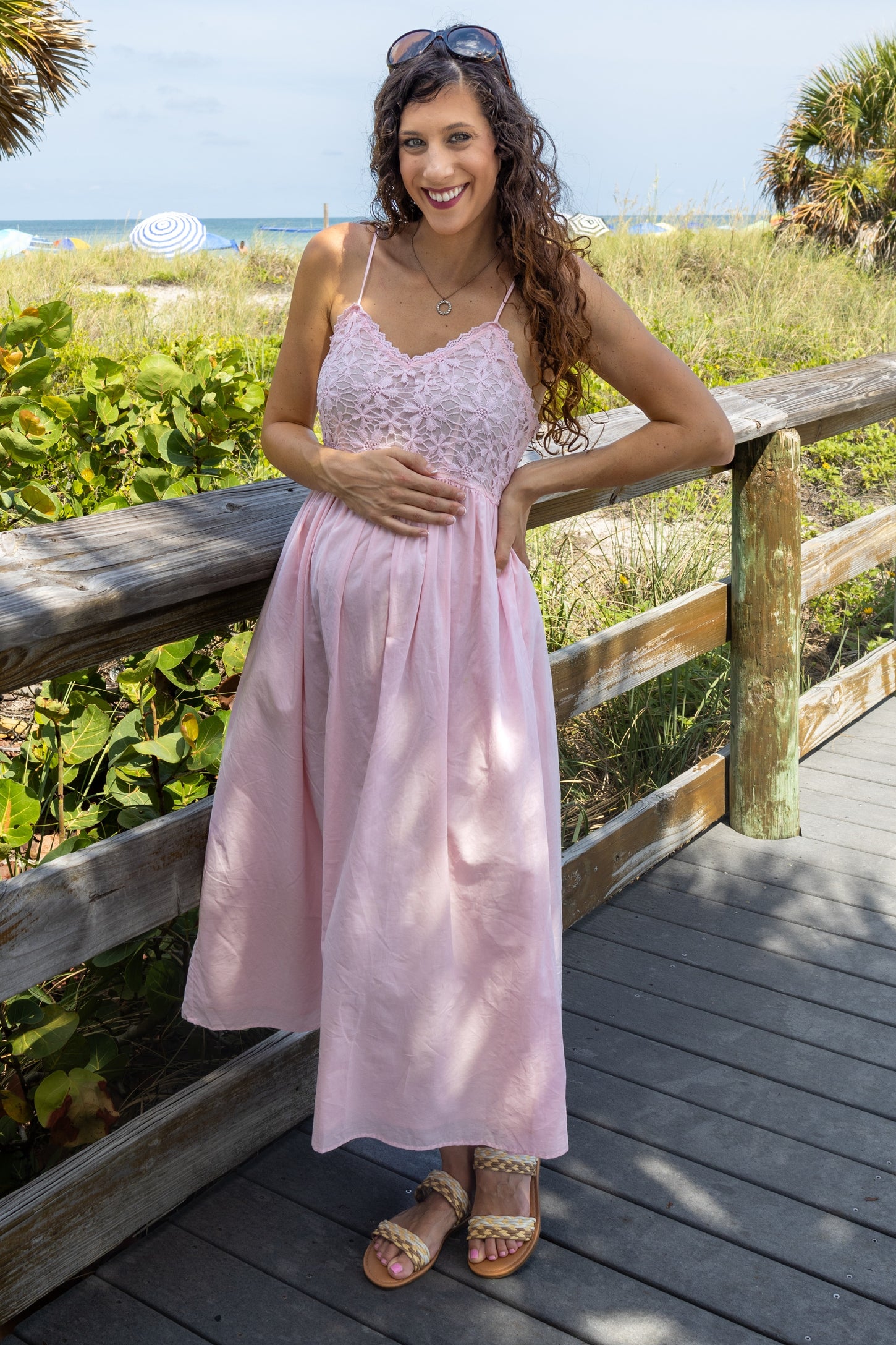 Light Pink Floral Crochet Contrast Maternity Midi Dress