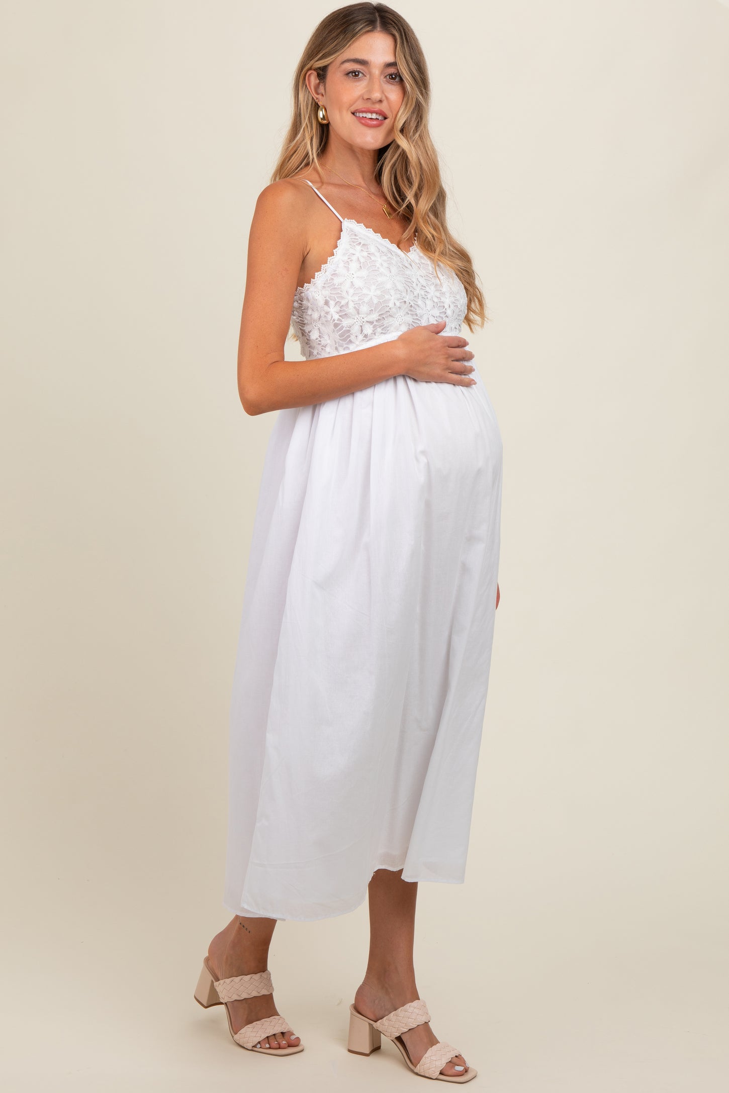 White Floral Crochet Contrast Maternity Midi Dress