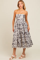 Black Floral Strapless Midi Dress