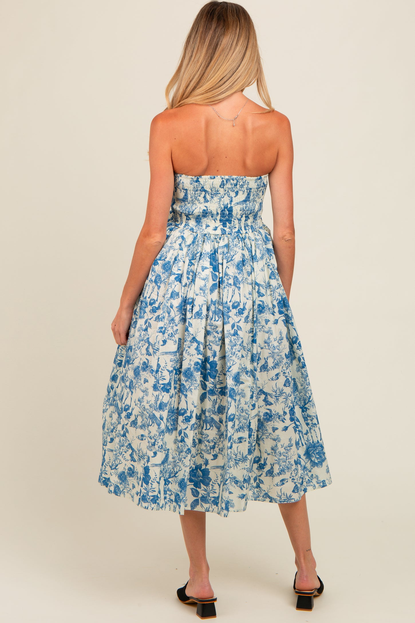 Blue Floral Strapless Maternity Midi Dress